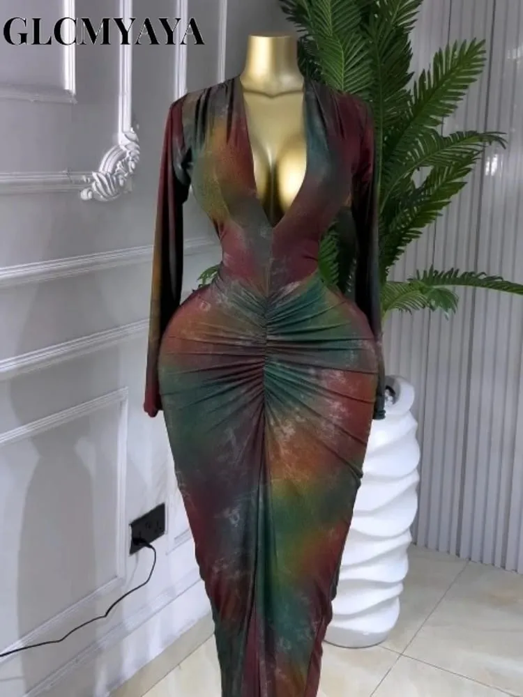 Women Printed Deep V-neck Stacked Ruched Bodycon Midi Maxi Dress 2026 Birthday Holiday Party Trendy Dresses Vestidos