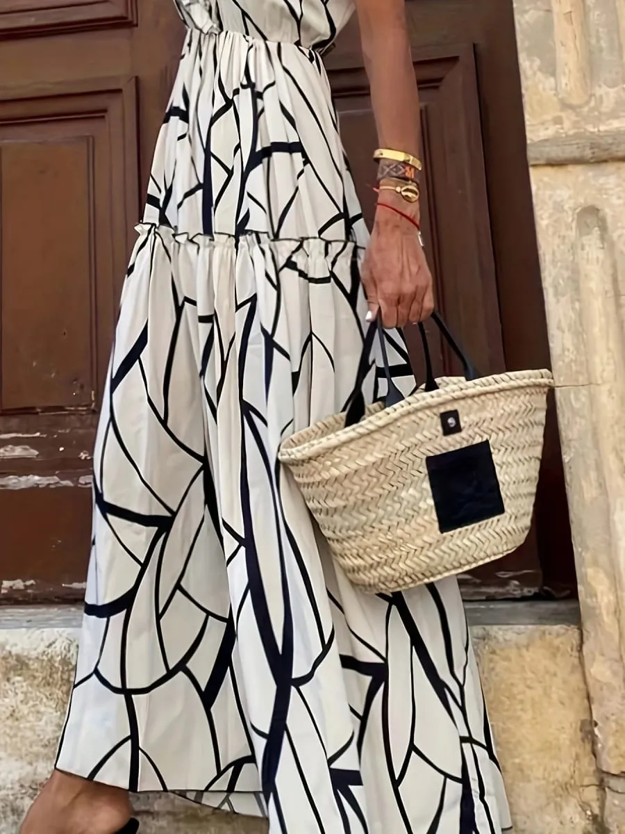 Women's Printed V-Neck Dress Short Sleeved Ruffle Design Long Skirt Leisure Elegant Beach Vacation Fashion