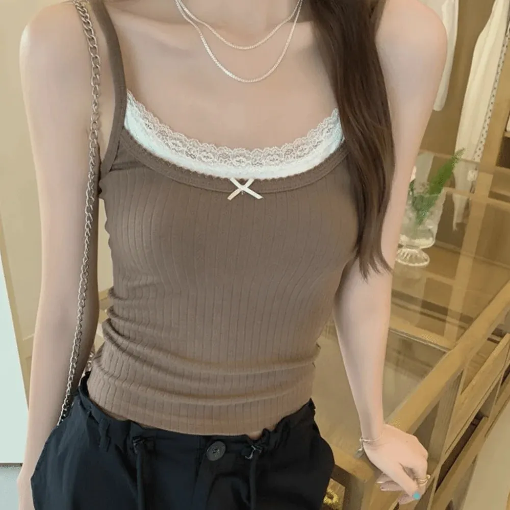 Cute Ribbed Knit Lace Cami Top Spaghetti Straps Bow Accent Ribbed Camisole Solid Color Slim Fit Bralette Top Inner Layer