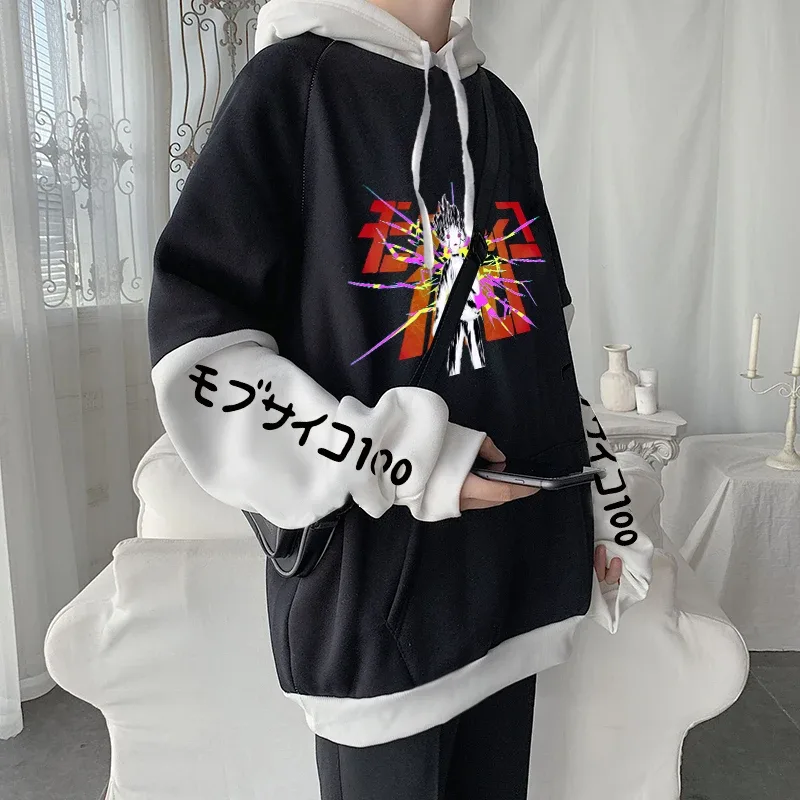 Anime Mob Psycho 100 Hoodie Harajuku Shigeo Kageyama Punk Kartun Kaus Pria Wanita Musim Gugur Musim Dingin Hangat Patchwork Kaus