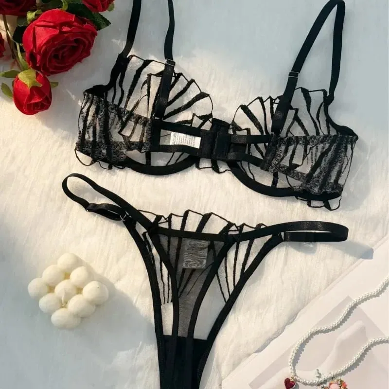 2pcs Women's Bra Set Sexy Lace Mesh Lingerie Set Ultra Thin Breathable Comfortable Lightweight Scallop Transparent Lingerie