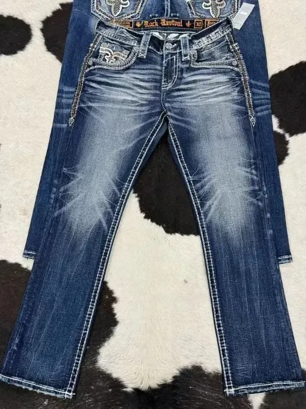 Retro trendy brand washed high elastic wide leg flared jeans Y2K summer blue embroidery American Gothic new fashion heavy street