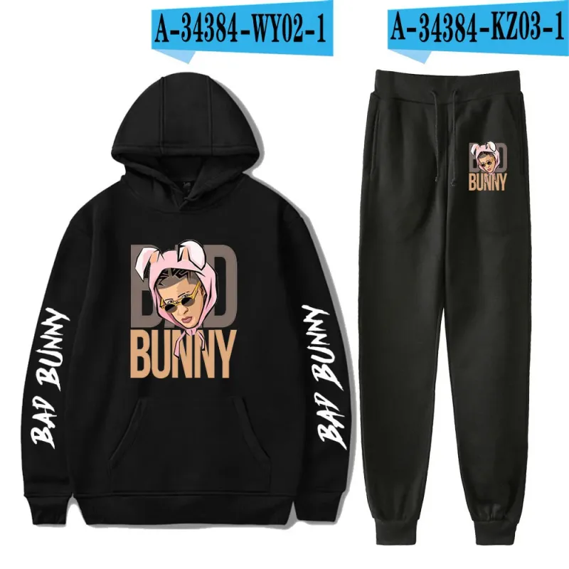 Harajuku Comfortable Funny bad bunny Print Sweatshirt Sweatpants Suit Men/Women Hoodies+ Trousers Suit Cute 2 Piece Set Clothes