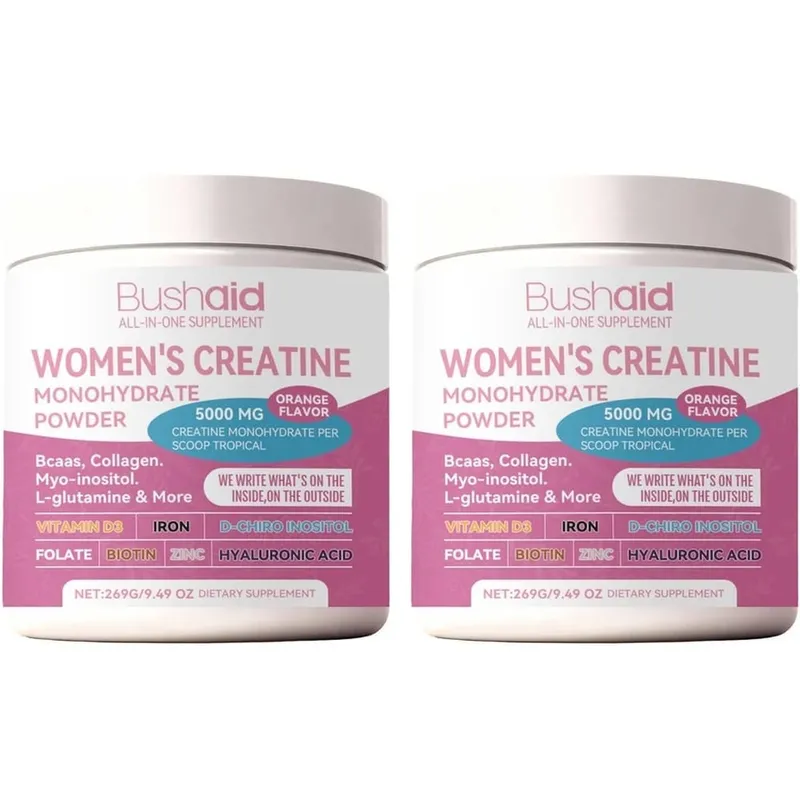 BushAid Women's Creatine Monohydrate Powder 5000mg 269G Orange Flavor with BCAA Muscle Strength Workout Support 30 Servings