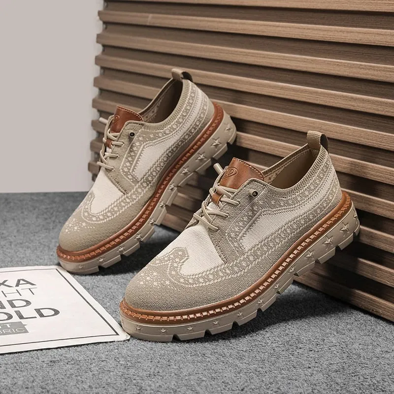 Men's Brogue Knit Oxford Sneakers Breathable Lightweight Casual Dress Walking Shoes Soft Cushion Non Slip Platform Fashion Sne