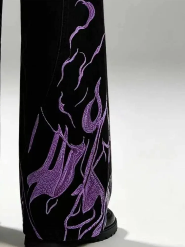 Jeans pour hommes broderie lourde Streetwear pantalon en jean Harajuku unisexe coupe ample jambe large Anime jambe droite noir décontracté mode — image 7