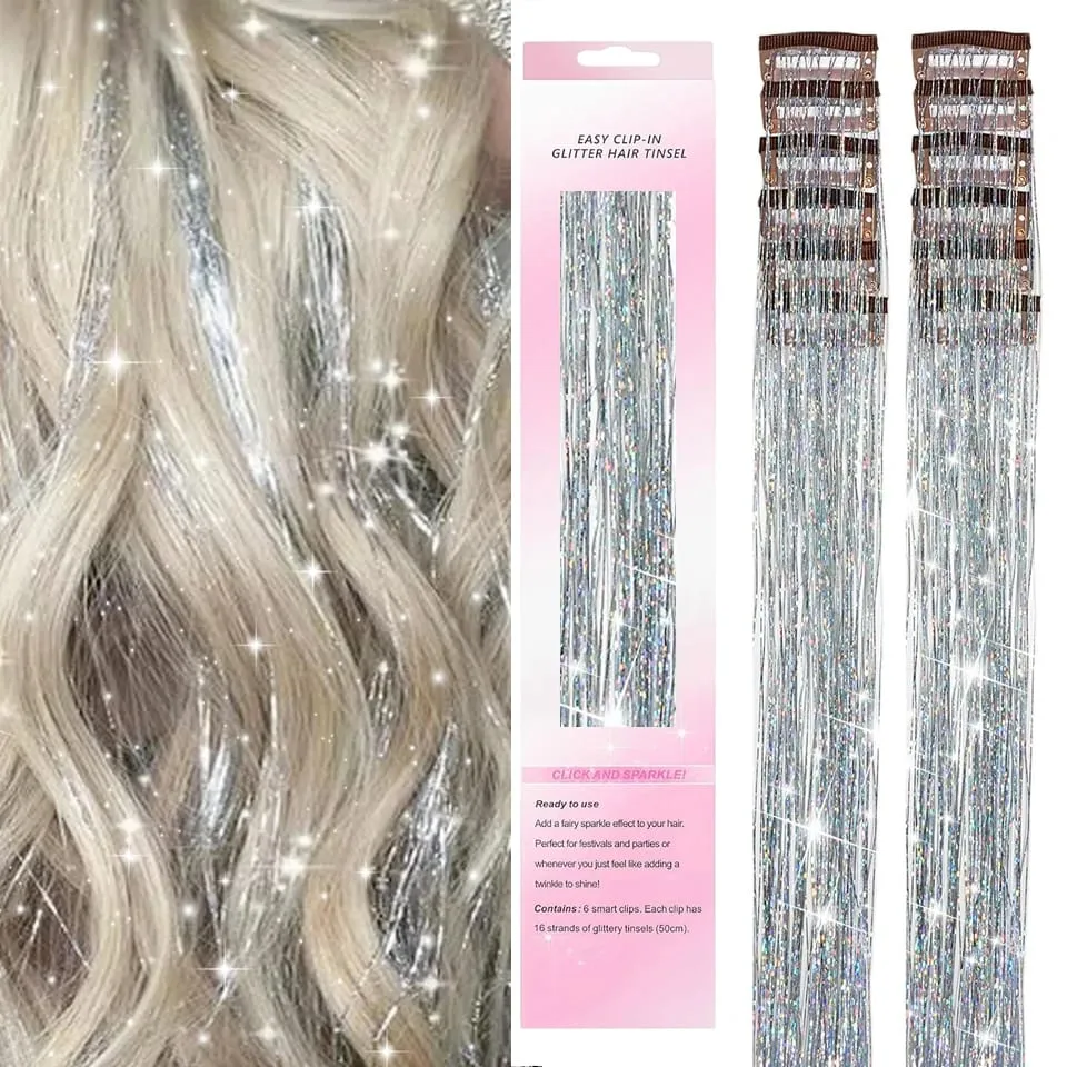 Synthetic 12Pcs Hair Tinsel Clip In Glitter TinselStraight Hair Extensions Tinsel Kit Shiny Hair Accessories For Women