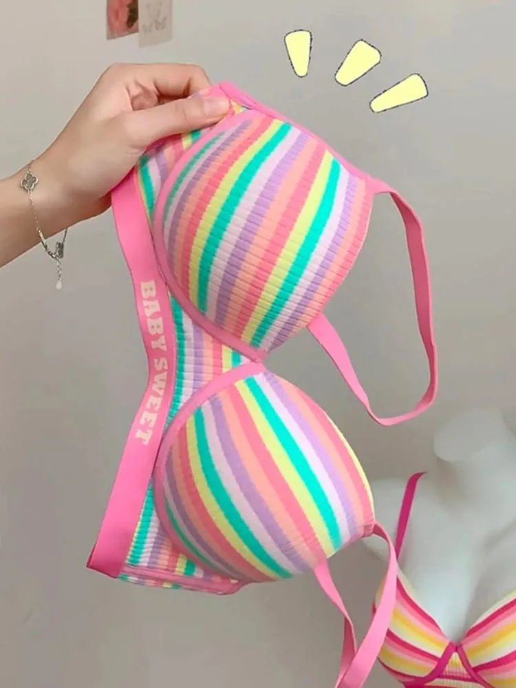 Stripe Women's Bra Set Gathered Anti-Sagging Small Chest Side Breast Reduction Underwear Cute Style Nylon