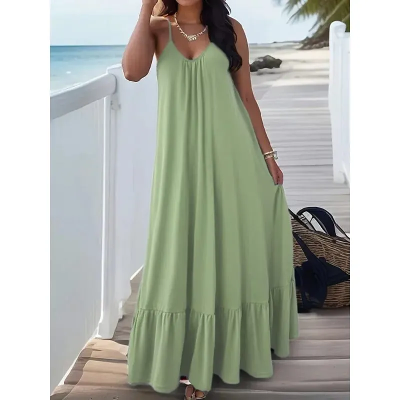 Summer Dresses 2026 New Solid Color Spaghetti Strap Maxi Dress Women V Neck For Beach Party Resort Daily Matching Outfit