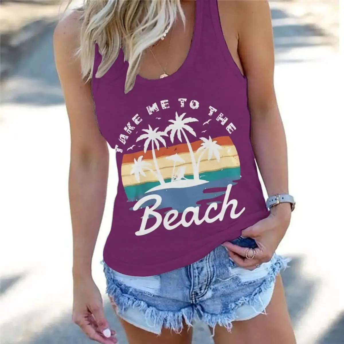Women Vintage Take Me To The Beach Graphic Racerback Tank Top Summer Vacation Retro Sunset Palm Tree Sleeveless Basic-Fit Vest