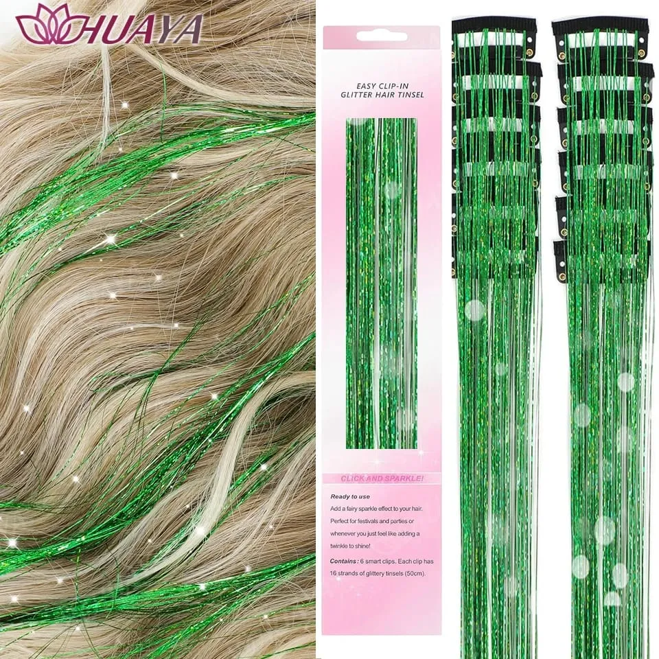 12Pcs/set Hair Tinsel Clip in Glitter Tinsel Hair Extensions Synthetic Shiny Sparkling Fairy Hair Tinsel Party Hair Accessories