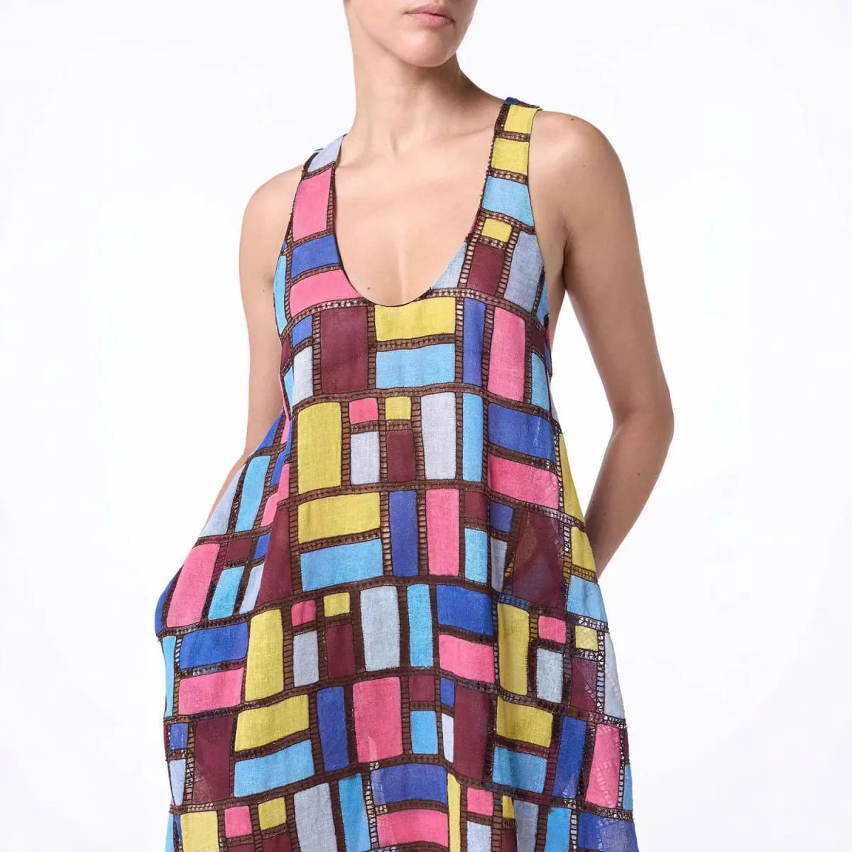 Colored Squares Sleeveless Long Dresses Women Fashion Sexy U-neck Pocket Loose Maxi Dress Summer Lady Vacation Commuting Vestido