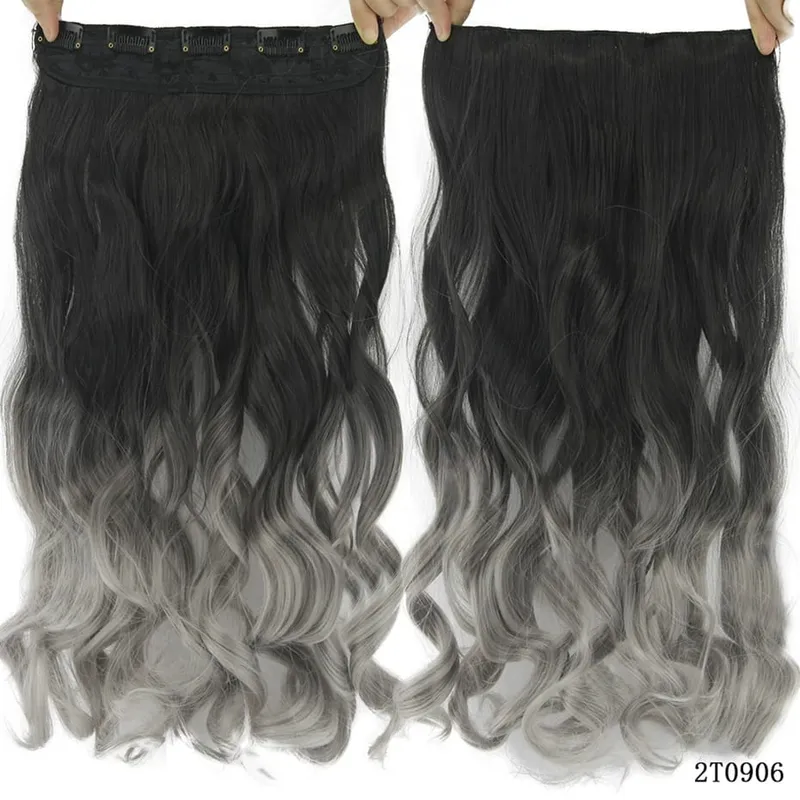Soowee Lange schwarze bis graue lockige synthetische Haar-Ombre-Haar-Clip-In-Haarverlängerung, gefälschte Clip-Ins-Haarteile für Frauen
