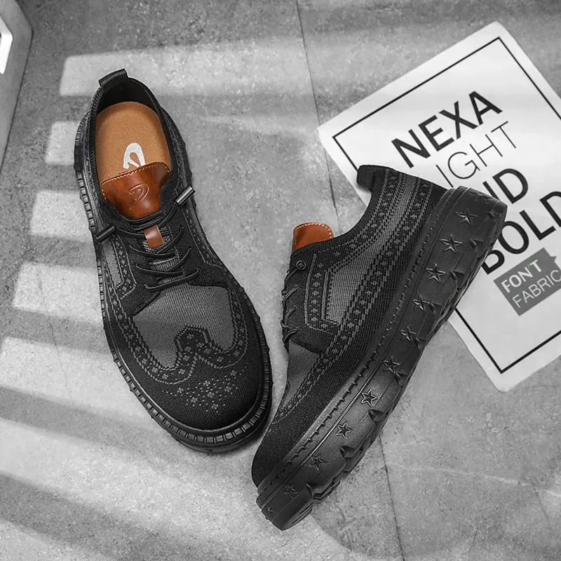 Men's Brogue Knit Oxford Sneakers Breathable Lightweight Casual Dress Walking Shoes Soft Cushion Non Slip Platform Fashion Sne