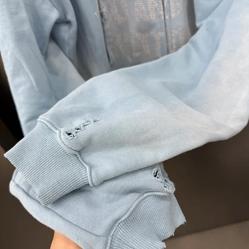 Light Blue PALY Letter Crystal Hoodie Ripped Washed Fashion Patch High Street Casual Men Women 1:1 Zipper Sweatshirts