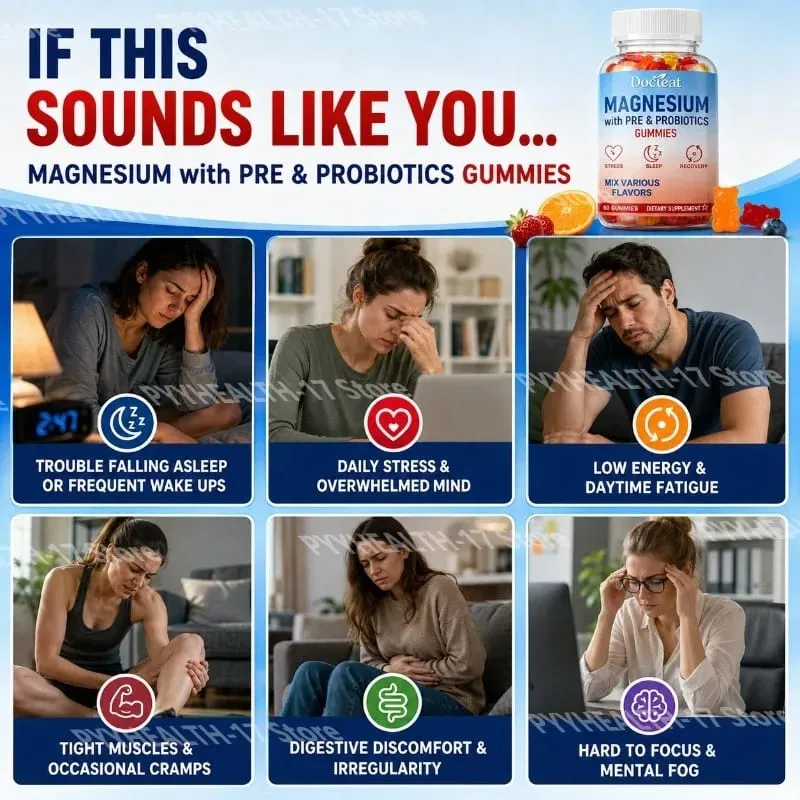 Docteat Magnesium Gummies with Pre & Probiotics for Stress Relief Supports Restful Sleep Relaxation and Recovery 60 Gummies