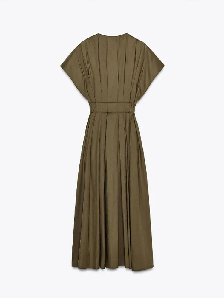Sexy V-neck Pleated Lace Up Dress Women Fashion Short Sleeve High Waist Slim Fit Long Dresses Female Summer Chic Holiday Party