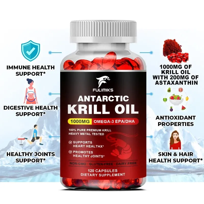 Pure Antarctic Krill Oil Supplement 1000mg Omega-3 with EPA/DHA Supports Heart Brain & Joints Health for Adults