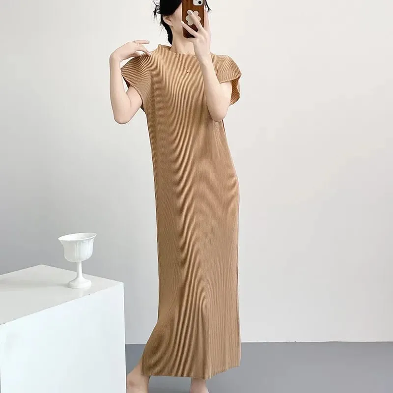 Miyake Pleated Dresses 2026 New Women's Long Sleeve Cardigan Jacket Round Neck Straight Long Dress Commuter Fashion Skirt Set