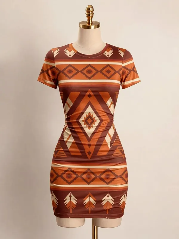 Pakaian Mini Bodycon Lengan Pendek Wanita Slim Fit Leher Krew Cetak Bunga Kasual Pesta Musim Panas Comel Regangan Bergaya Sundress