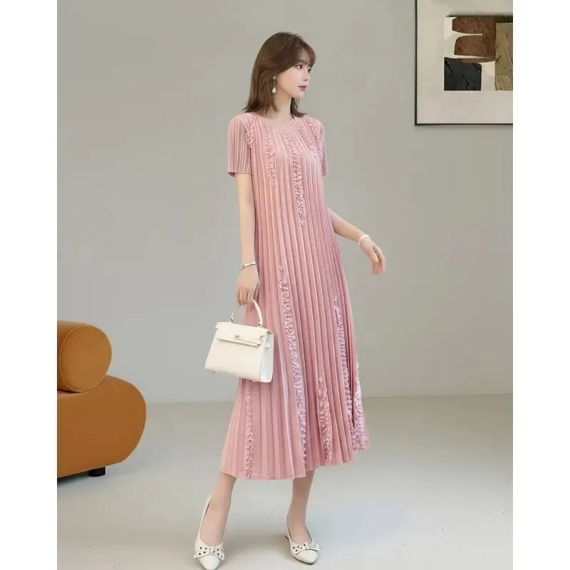 Miyake Pleated Elegant Dresses Women 2026 Summer New Vacation Solid Color Dress Loose Pleats Short Sleeve Plus Size Fold Dress