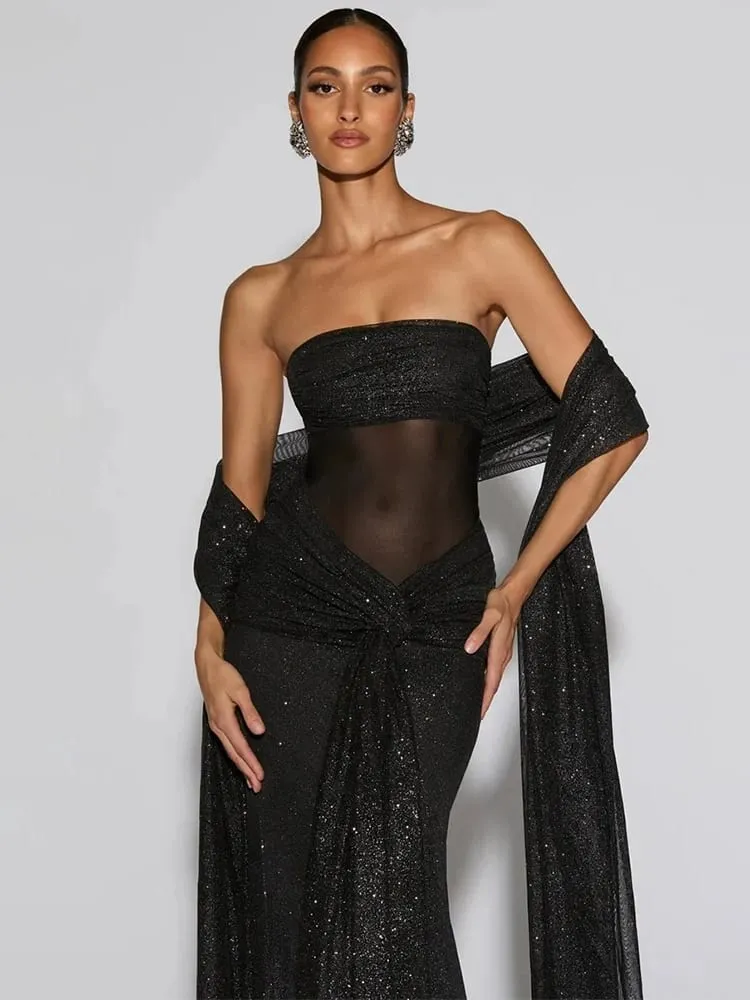 Mozision Sparkle Strapless Draped Sexy Maxi Dress Women Elegant Off-shoulder Sleeveless Backless Ruched Club Party Long Dress