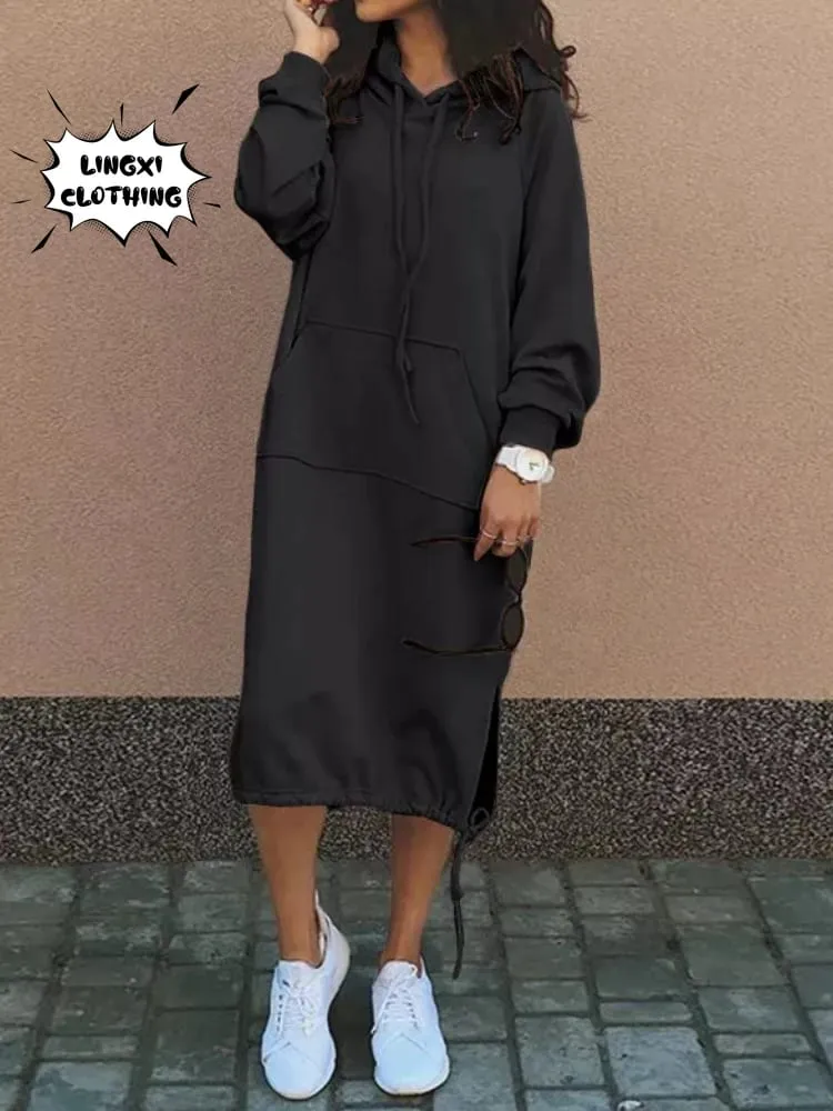 Gaun Panjang Hoodie Hangat Belahan Saku Elegan Berkerudung Besar Jubah Sweter Wanita Baru Mode Musim Gugur dan Musim Dingin 2023