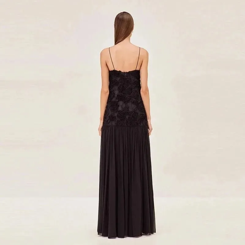 Elegant 3D Flower Long Dress For Women Fashion Patchwork Pleated Sling Party Dresses Female 2025 New Backless Maxi Evening Robes