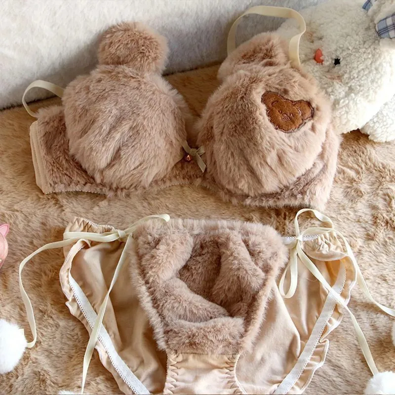 Winter Cute Cartoon Bear Embroidery Sweet Lingerie Bras Underpants Underwear Two Piece Sets Sweet Plush Set Sexy Girlfriend Gift