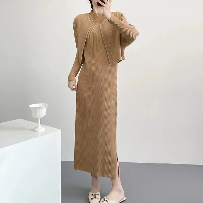 Miyake Pleated Dresses 2026 New Women's Long Sleeve Cardigan Jacket Round Neck Straight Long Dress Commuter Fashion Skirt Set