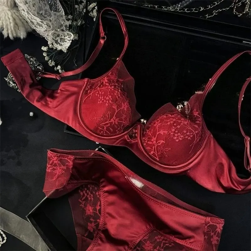 Satin Lace French Lingerie Set Women Push Up Anti Sagging Full Coverage Brassiere Soft Breathable Ladies Daily Underwear 32-38