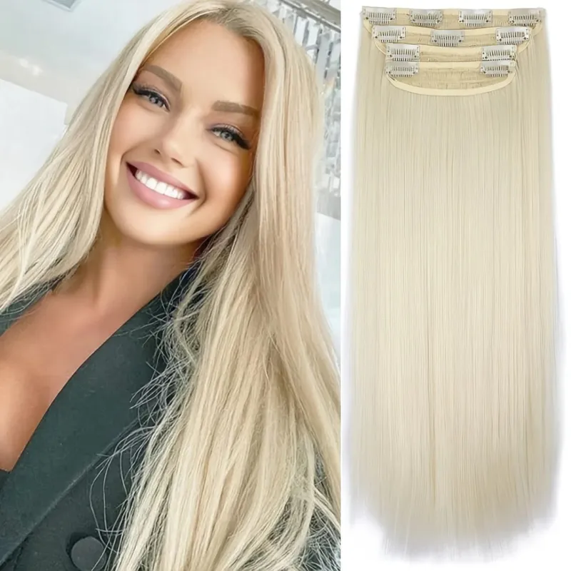 Synthetic 20 Inch Straight Clip In Hair Extensions 4Pcs Soft Thick Black Hair Pieces Available In 3 Colors For Women Daily Use