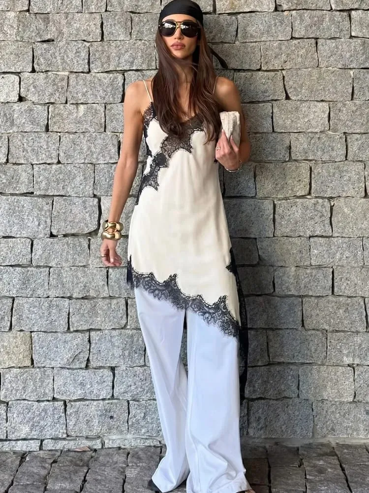 HH 2026 Female Summer Fashion Solid Lace Splicing V Neck Dresses Satin Asymmetry Hem Sexy Backless Slim Mini Dress For Party