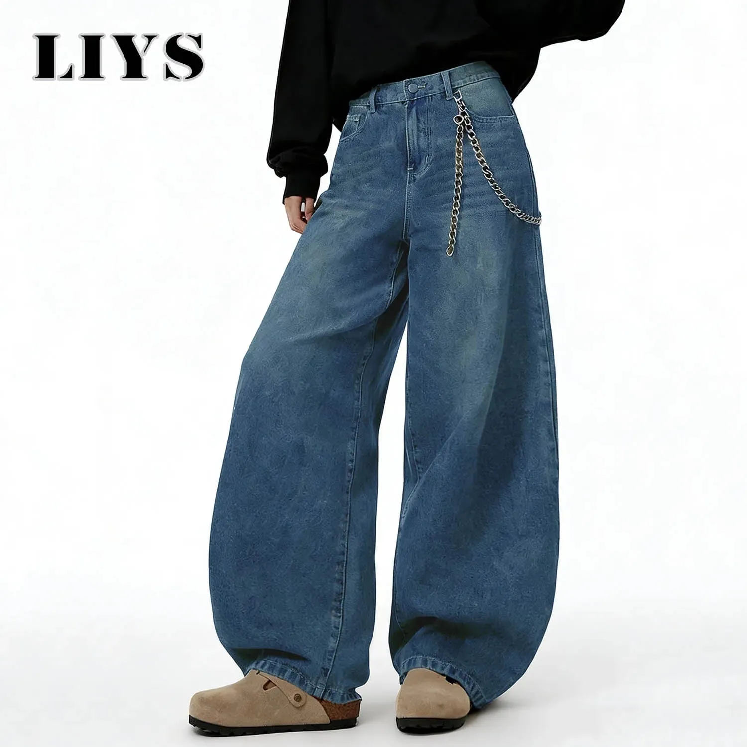 American Retro Baggy Wide Leg Jeans Men's Streetwear Distressed Y2K Clothing Casual Daily Four Seasons Denim Pants Unisex