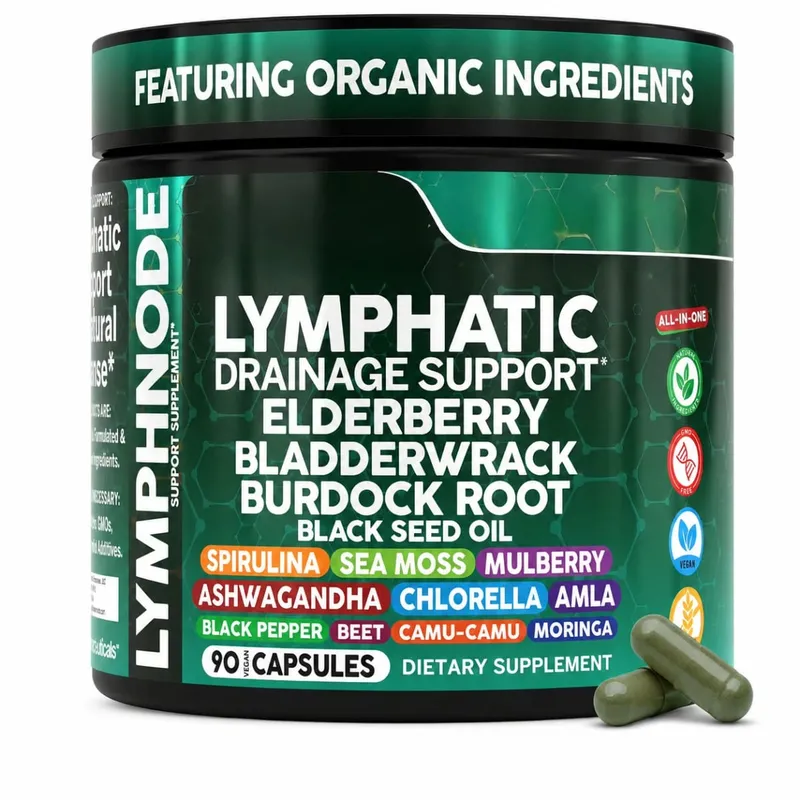 Organic Lymphatic Drainage Supplements with Elderberry Burdock Root Chlorella & Ashwagandha 90 Count Daily Wellness