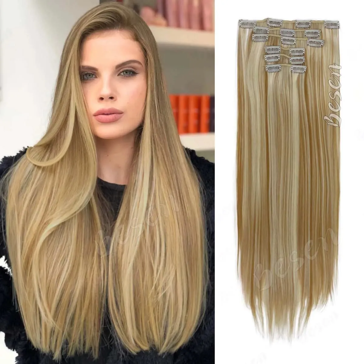 Synthetic 24Inch 16 Clips in Hair Extensions Long Straight Hairstyle Blonde Black Hairpieces Heat Resistant False Hair Daily Use