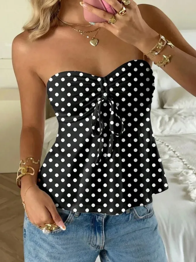 Women Yellow Eyelet Lace Tube Top Casual Ruched Tie Front Peplum Strapless Camisole