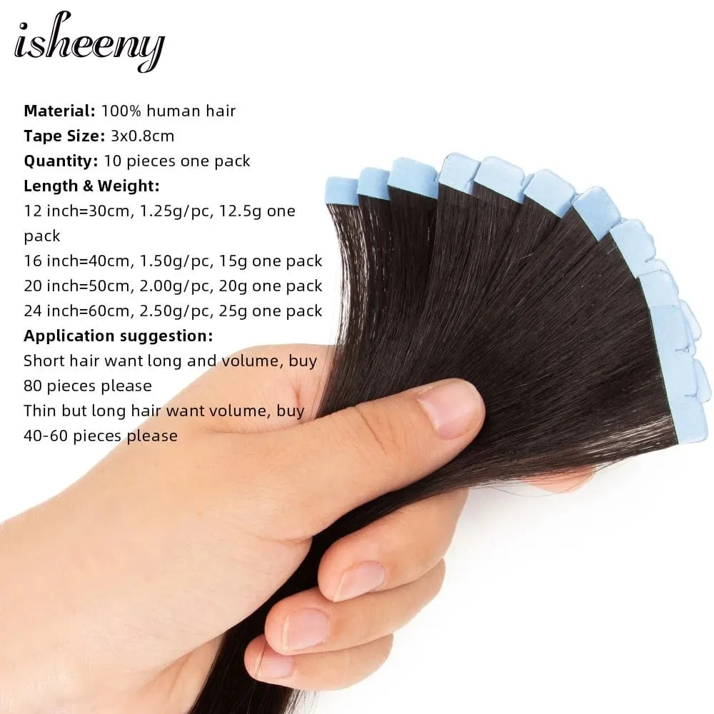Isheeny 12"-20" Mini Tape Hair Extensions Machine Remy Skin Weft Adhesive Tape In Human Hair Natural Black Brown Blonde 10pcs
