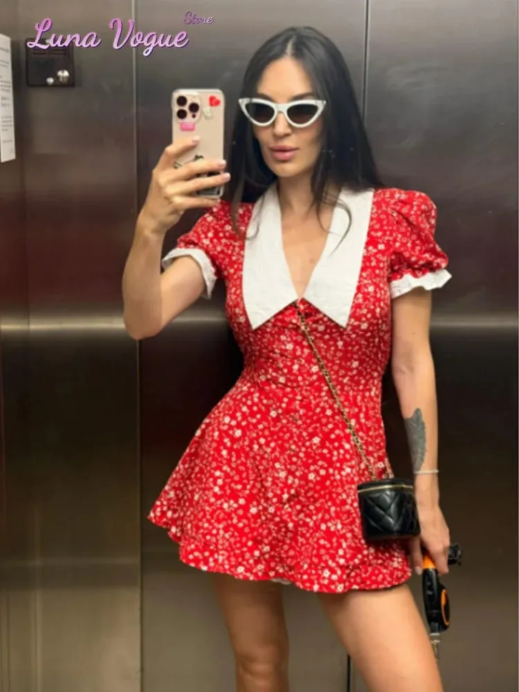 Minivestido elegante con estampado Floral para mujer, vestido elegante con cintura y cuello vuelto, Vestidos acampanados con mangas abullonadas, Vestidos diarios de verano para mujer