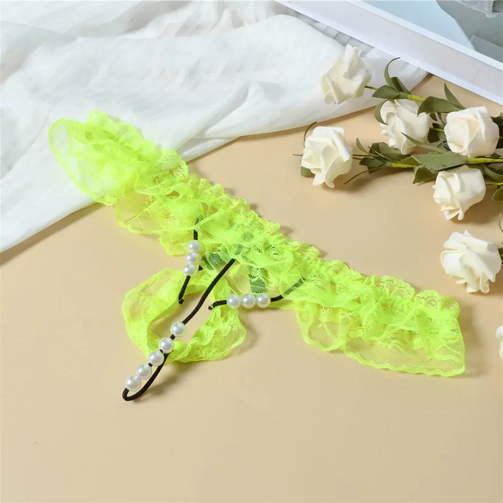 Men Lace T-Back Underwear Bow Elastic Waist G-String Pearl Lingeries For Man Sissy Panties Sexy Accessories Thongs Men's Panties