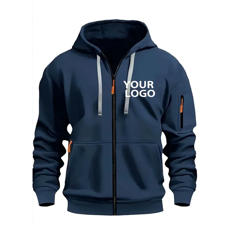 DIY Custom Logo Men's Casual Sports Hoodie Full-Zip Pocket Sweatshirt Fashion Arm Pocket Outdoor Long-Sleeve Pullover Hoodie