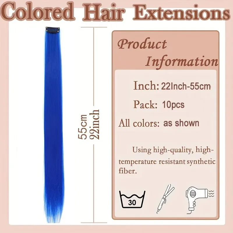 22Inch 10pcs Synthetic Colorful Long Straight Rainbow Colored Hair 10pcs Clip In Extensions for Women Daily Party Christmas — image 4