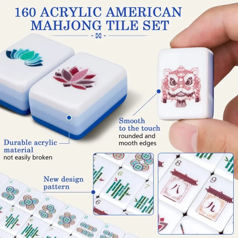 US Stock Sky Blue Engraved Mahjong Tiles Luxury Acrylic American Mahjong Set Travel Mah Jongg Sets for Adults Board Games Gifts