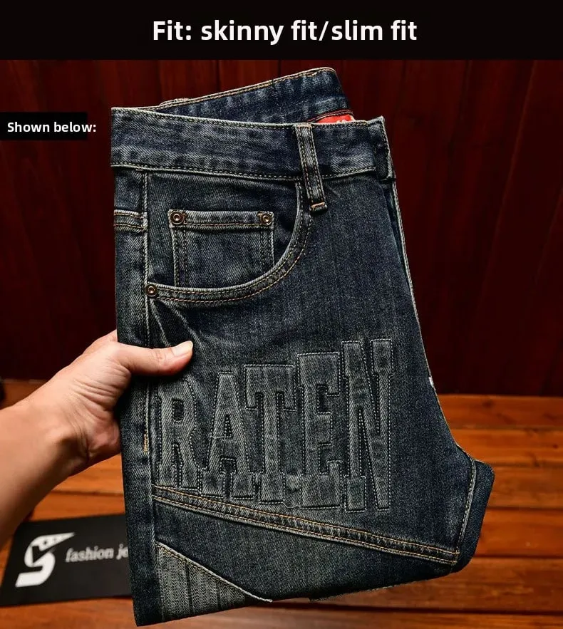 High end retro jeans for men slim fit small feet light luxury trend autumn style simple and casual long pants