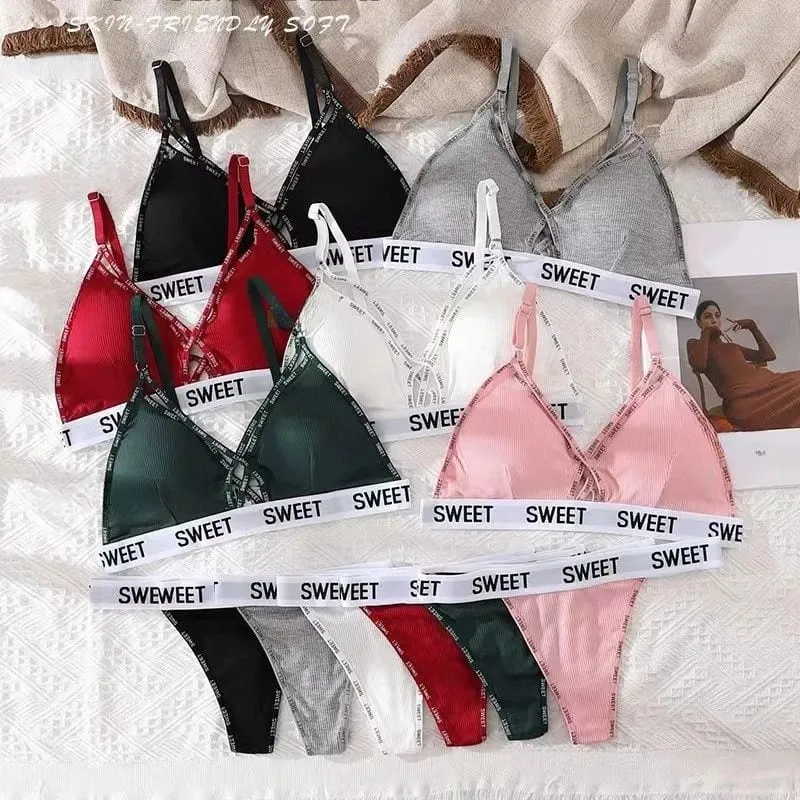 Women Padded Bra And Panties Set Front Cross Wireless Bra Low Rise G-string Female Letter Strap Underwear Sexy Lingerie Set
