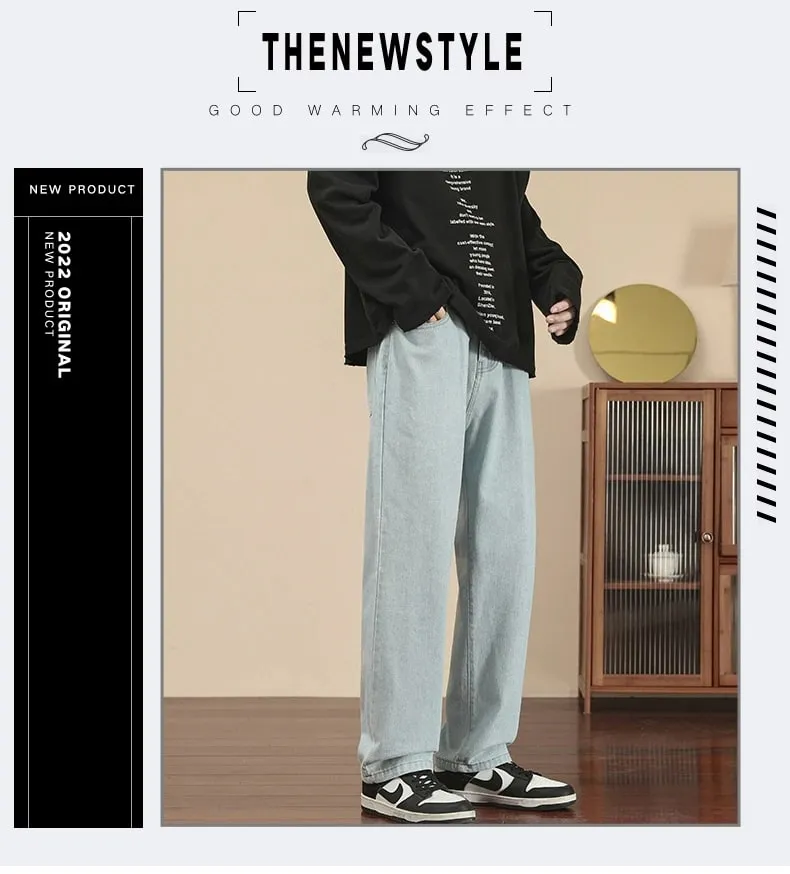 2023 New Korean Fashion Men's Casual Ankle-Length Jeans Classic Man Straight Denim Wide-leg Pants Light Blue Grey Black 3XL