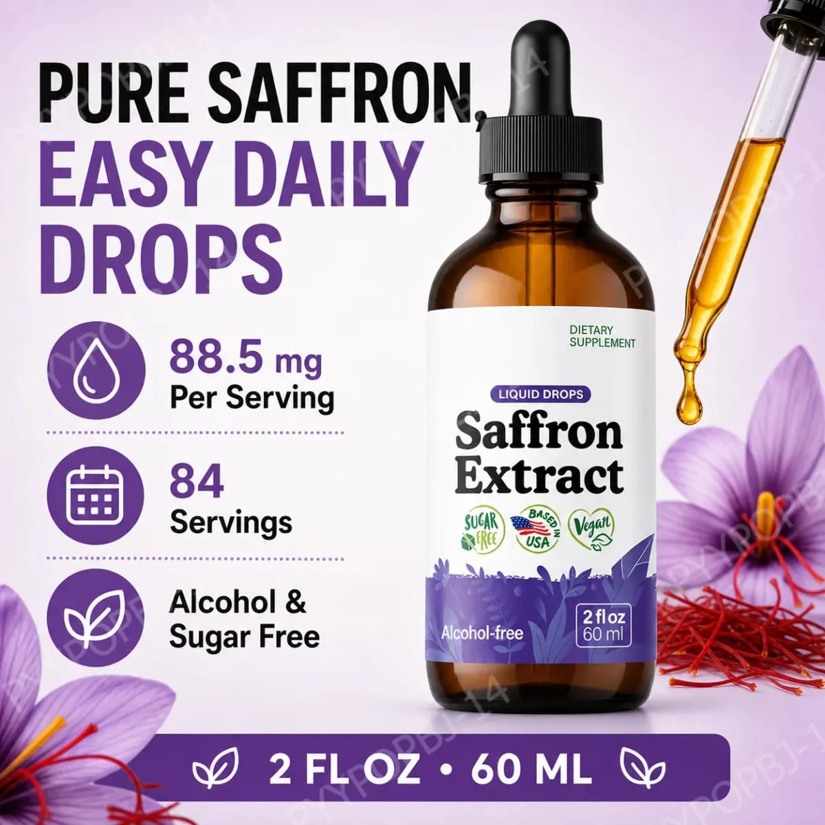 Organic Saffron Liquid Extract Drops Plant Based Herbal Supplement Vegan Sugar Alcohol Free 60ml Daily Health Supplements