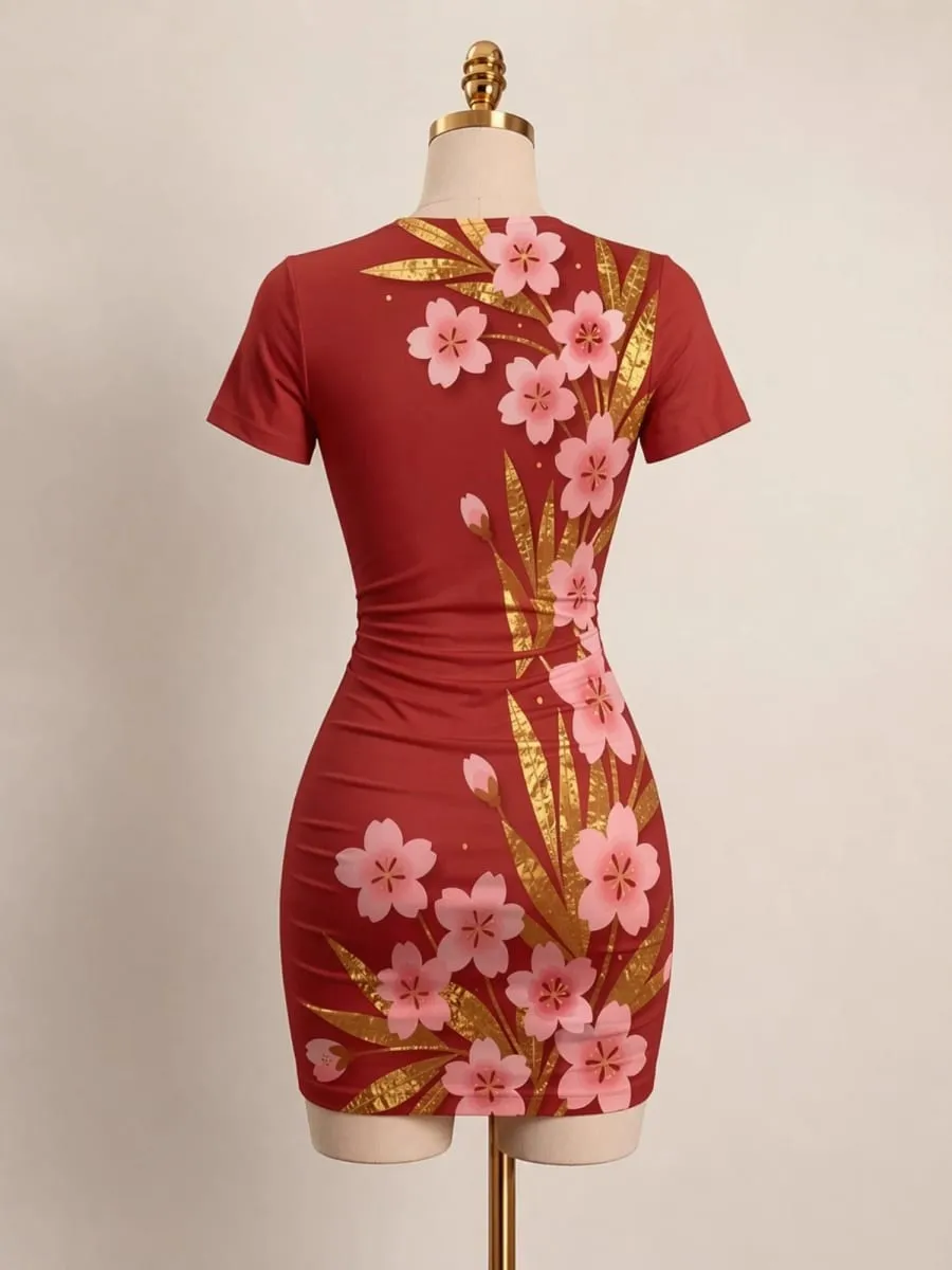 여자 짧은 소매 Bodycon 미니 드레스 슬림 피트 크루 넥 꽃 프린트 캐주얼 여름 파티 귀여운 달콤한 슬리밍 휴가 Sundress