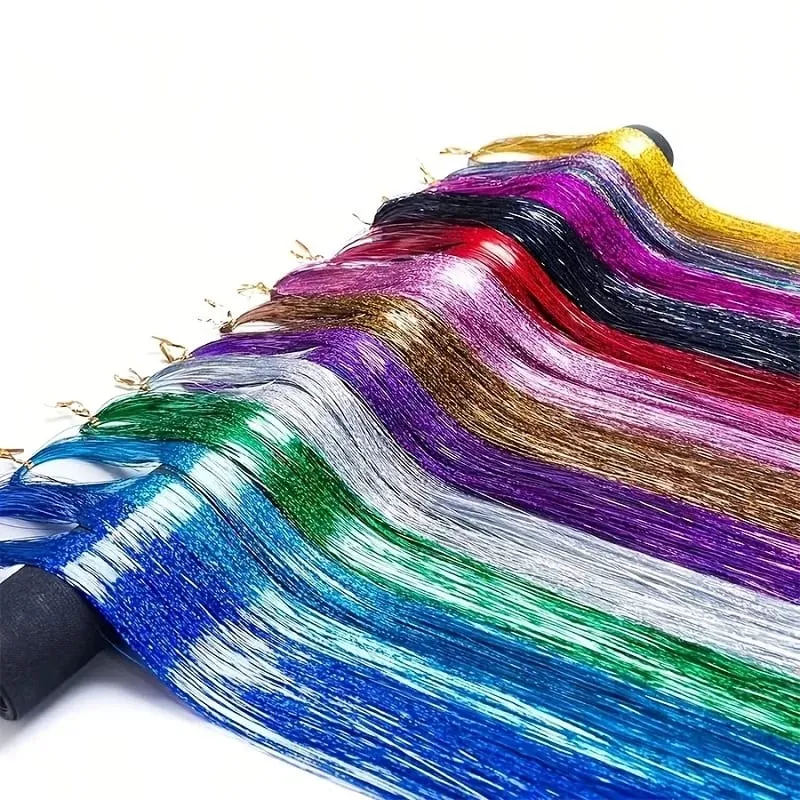 90cm Synthetic 3pcs/set Rainbow Colored Shiny Hair Laser Tinsel Long Straight Heat-Resistant Fairy Hair Extensions Party Daily