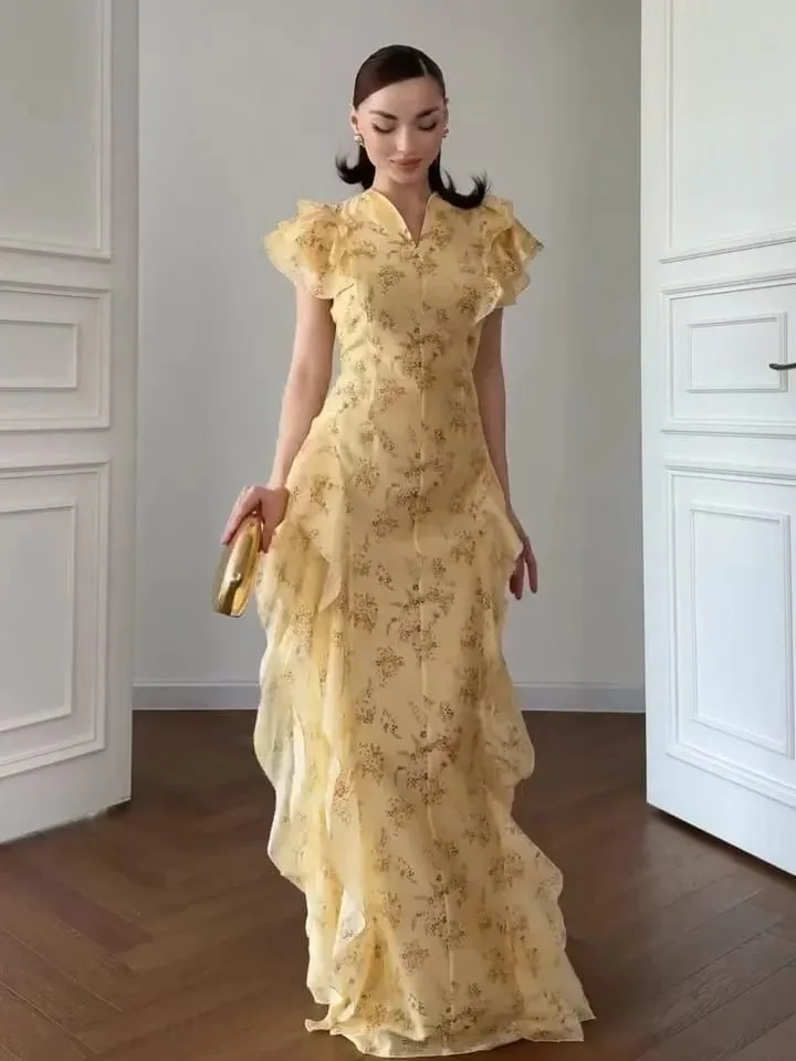Floral Print Lace Trim Flutter Sleeve Maxi Dress Deep V-Neck High-Low Chiffon 2026 Summer Chic Romantic Women Feminine Gown